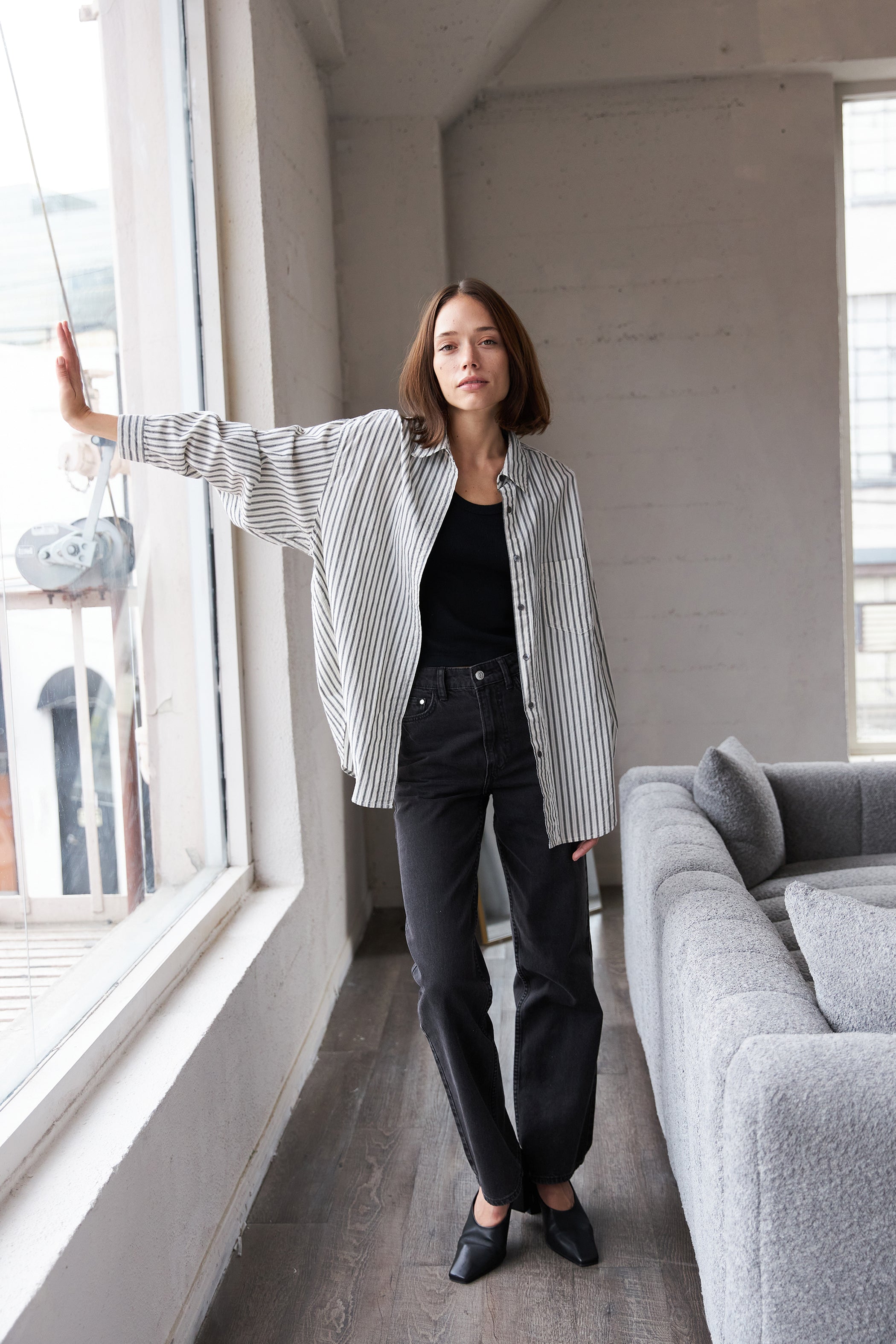 Oversized Shirt Grey Striped Shirt Outfit Oversized Stripe Button